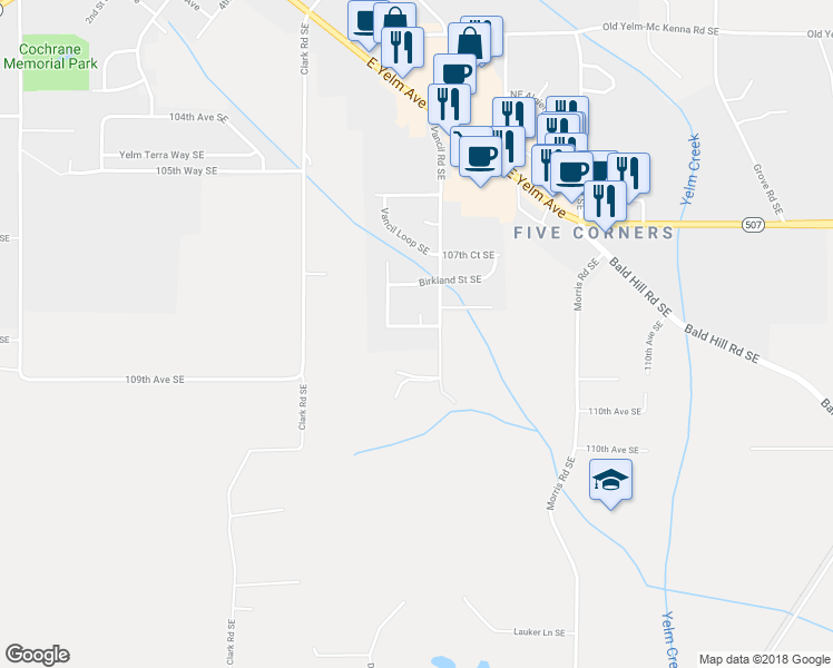 map of restaurants, bars, coffee shops, grocery stores, and more near 16211 Palouse Avenue Southeast in Yelm