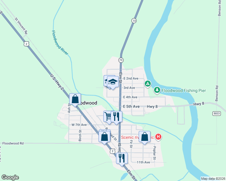 map of restaurants, bars, coffee shops, grocery stores, and more near 115 West 4th Avenue in Floodwood
