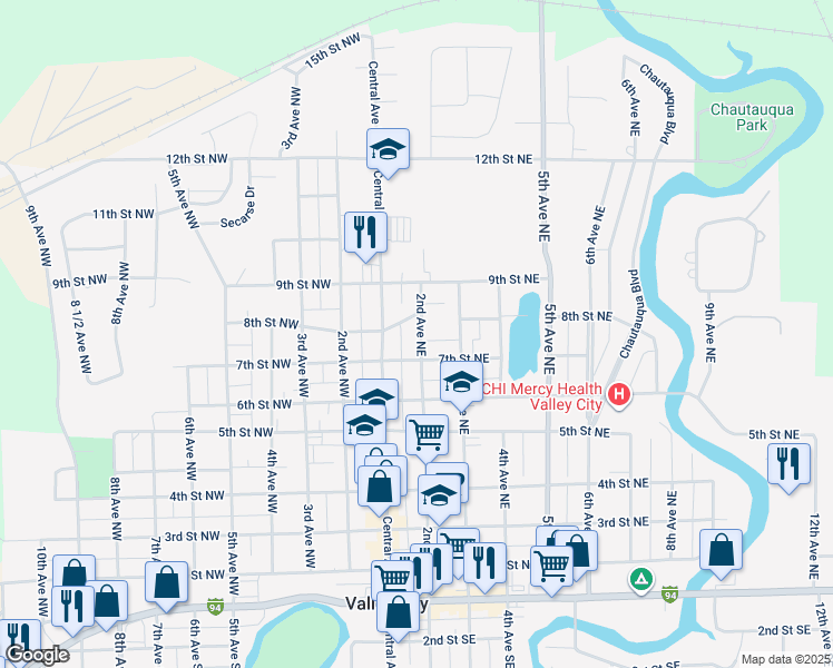 map of restaurants, bars, coffee shops, grocery stores, and more near 138 8th Street Northeast in Valley City