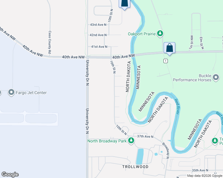 map of restaurants, bars, coffee shops, grocery stores, and more near 3836 10th Street North in Fargo