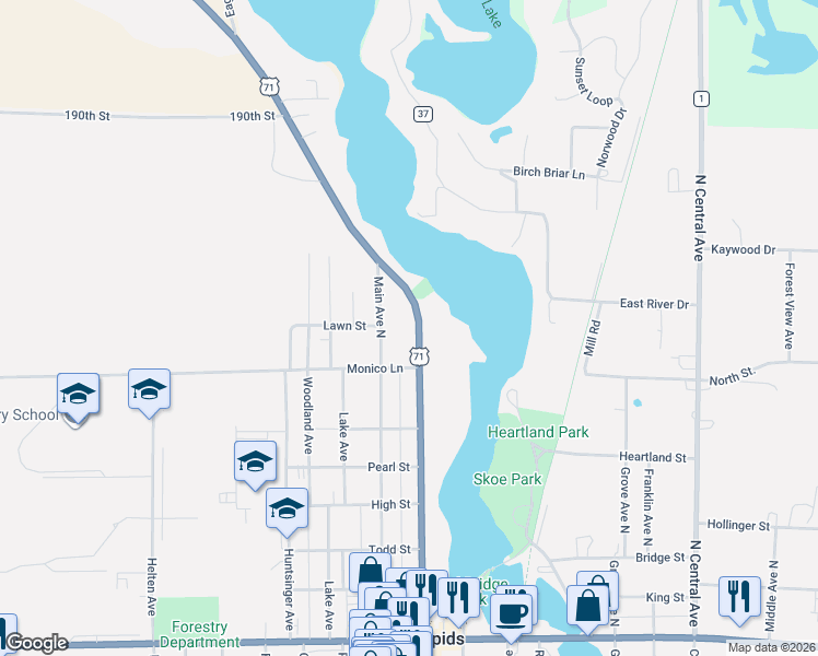 map of restaurants, bars, coffee shops, grocery stores, and more near 802 Main Avenue North in Park Rapids