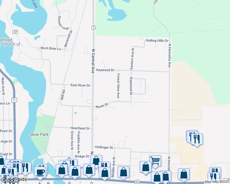map of restaurants, bars, coffee shops, grocery stores, and more near 605 Forest View Avenue in Park Rapids