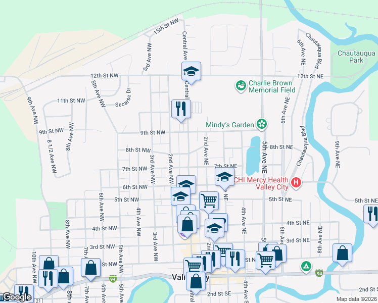 map of restaurants, bars, coffee shops, grocery stores, and more near 100-198 8th Street Northwest in Valley City