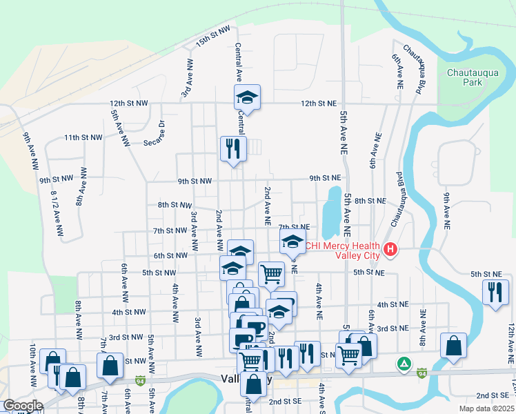 map of restaurants, bars, coffee shops, grocery stores, and more near 138 8th Street Northeast in Valley City