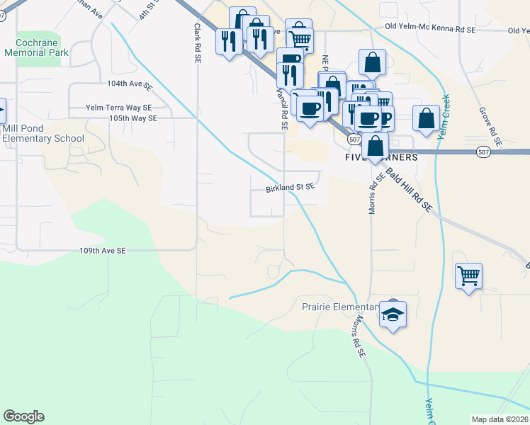 map of restaurants, bars, coffee shops, grocery stores, and more near 10807 Tucannon Court Southeast in Yelm