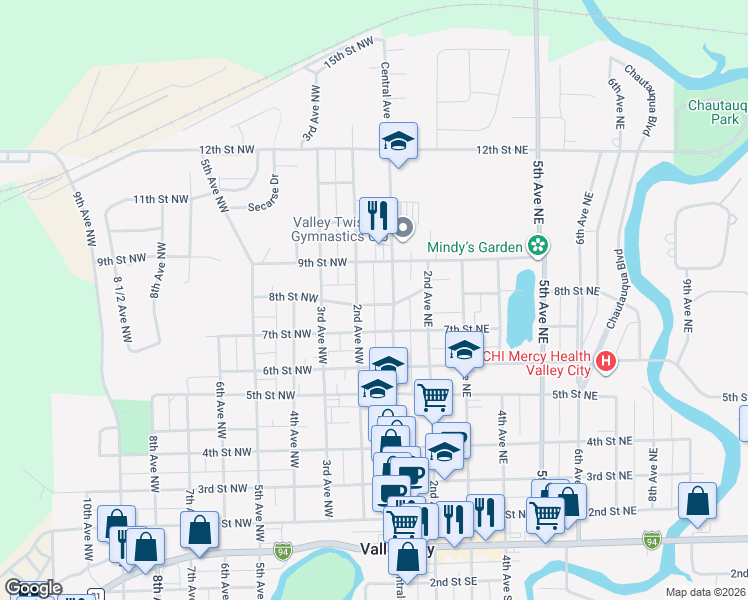 map of restaurants, bars, coffee shops, grocery stores, and more near 100-198 8th Street Northwest in Valley City