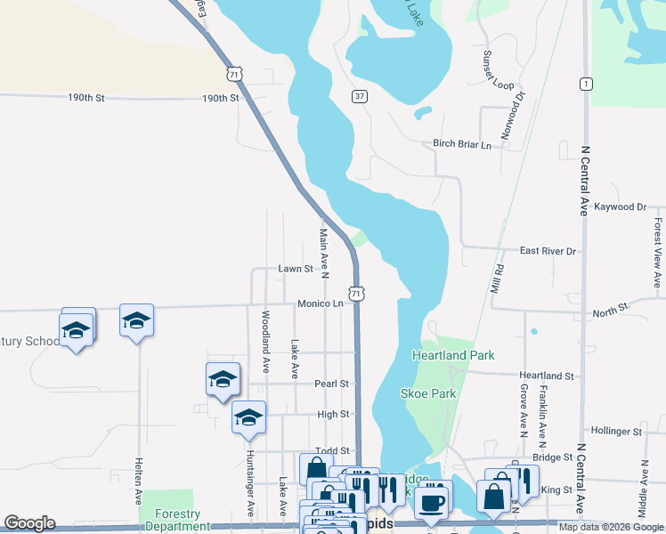 map of restaurants, bars, coffee shops, grocery stores, and more near 802 Main Avenue North in Park Rapids