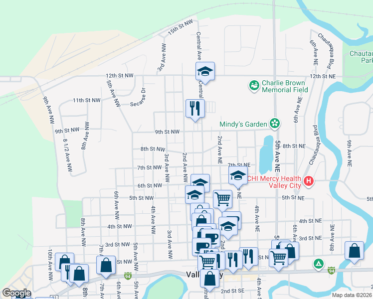 map of restaurants, bars, coffee shops, grocery stores, and more near 198 8th Street Northwest in Valley City