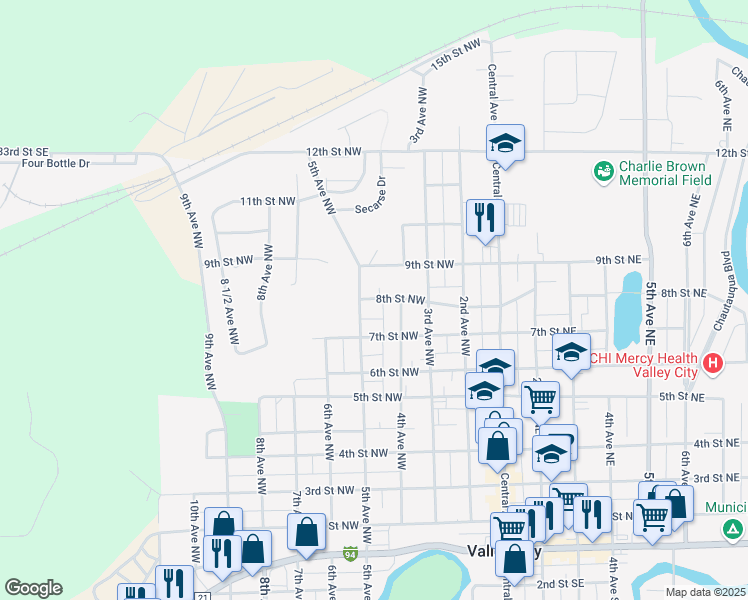 map of restaurants, bars, coffee shops, grocery stores, and more near 451 8th Street Northwest in Valley City