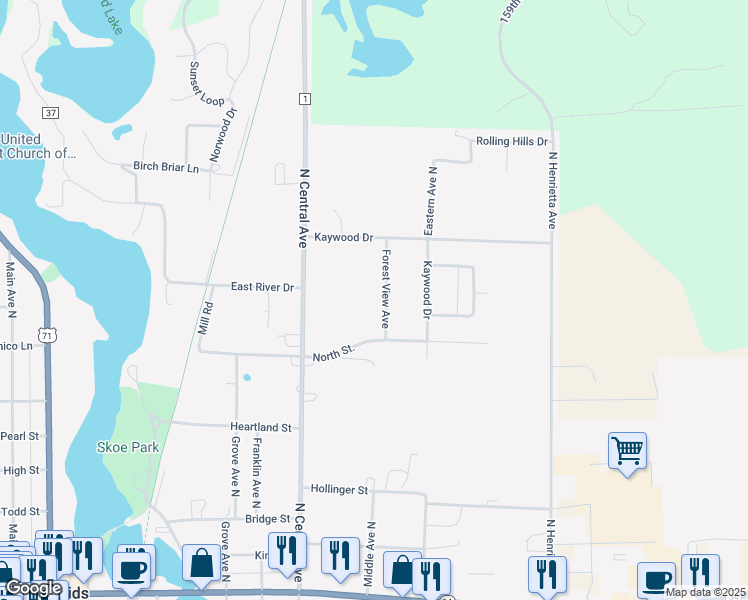 map of restaurants, bars, coffee shops, grocery stores, and more near 605 Forest View Avenue in Park Rapids