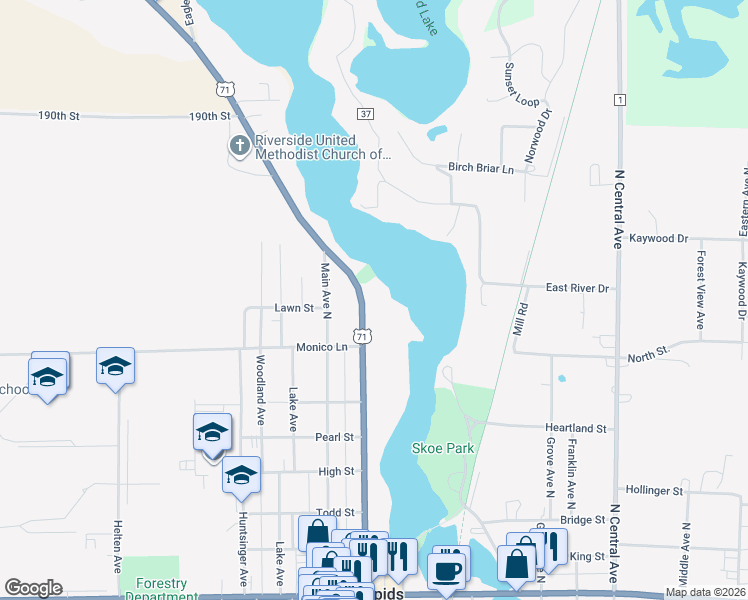 map of restaurants, bars, coffee shops, grocery stores, and more near 802 Park Avenue North in Park Rapids