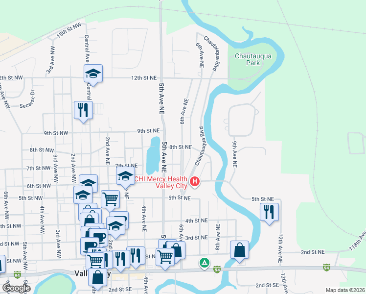 map of restaurants, bars, coffee shops, grocery stores, and more near 6th Avenue Northeast in Valley City