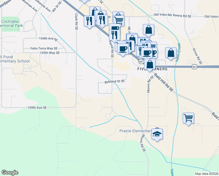 map of restaurants, bars, coffee shops, grocery stores, and more near 10807 Tucannon Court Southeast in Yelm
