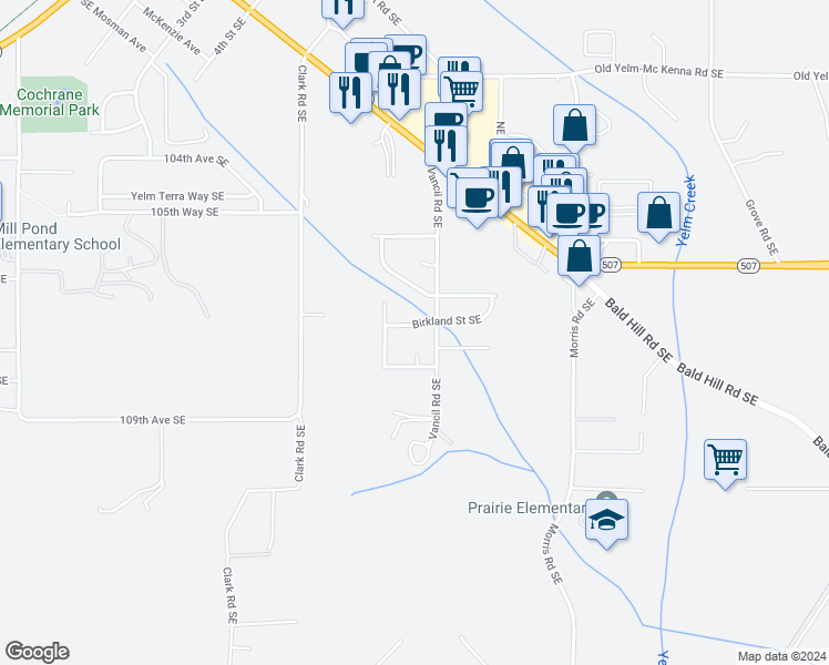 map of restaurants, bars, coffee shops, grocery stores, and more near 16217 Birkland Street Southeast in Yelm