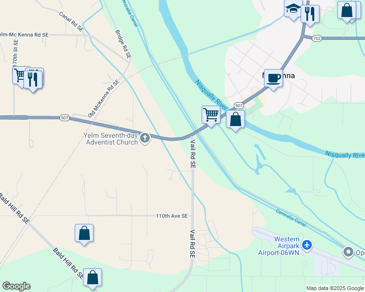 map of restaurants, bars, coffee shops, grocery stores, and more near 17643 Washington 507 in Yelm
