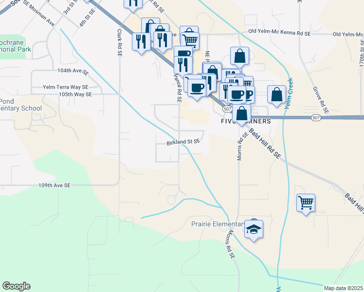 map of restaurants, bars, coffee shops, grocery stores, and more near 16239 107th Court Southeast in Yelm