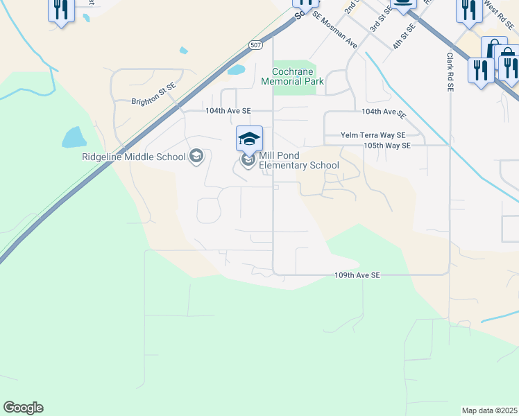 map of restaurants, bars, coffee shops, grocery stores, and more near 10711 Mill Road Southeast in Yelm