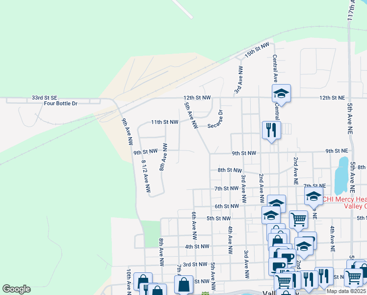 map of restaurants, bars, coffee shops, grocery stores, and more near 650 9th Street Northwest in Valley City
