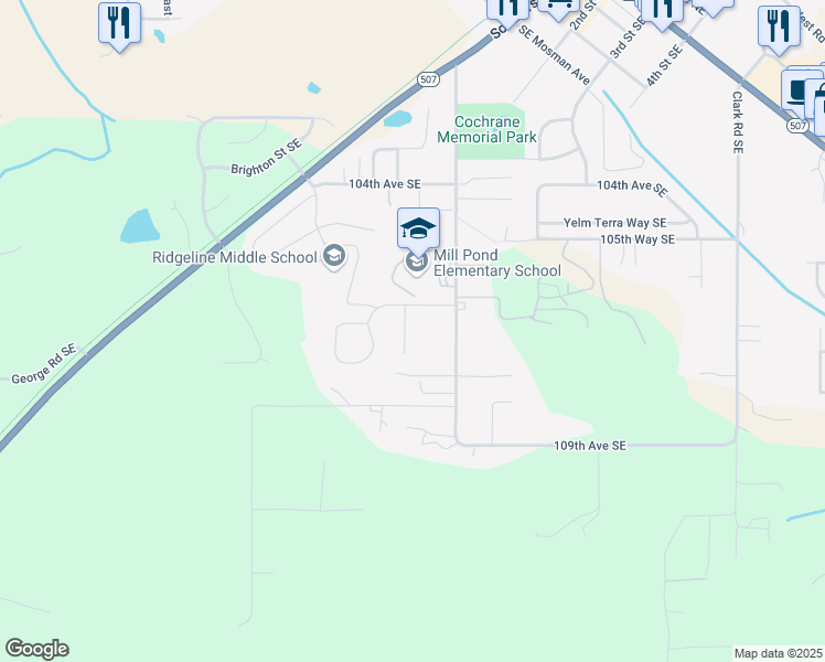 map of restaurants, bars, coffee shops, grocery stores, and more near 10706 Van Norhop Street Southeast in Yelm