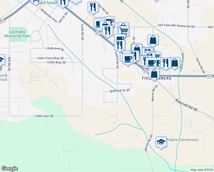 map of restaurants, bars, coffee shops, grocery stores, and more near 10702 Umtanum Street Southeast in Yelm