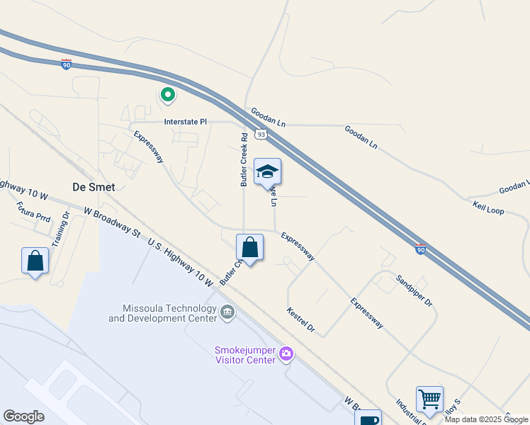map of restaurants, bars, coffee shops, grocery stores, and more near 6355 Padre Lane in Missoula