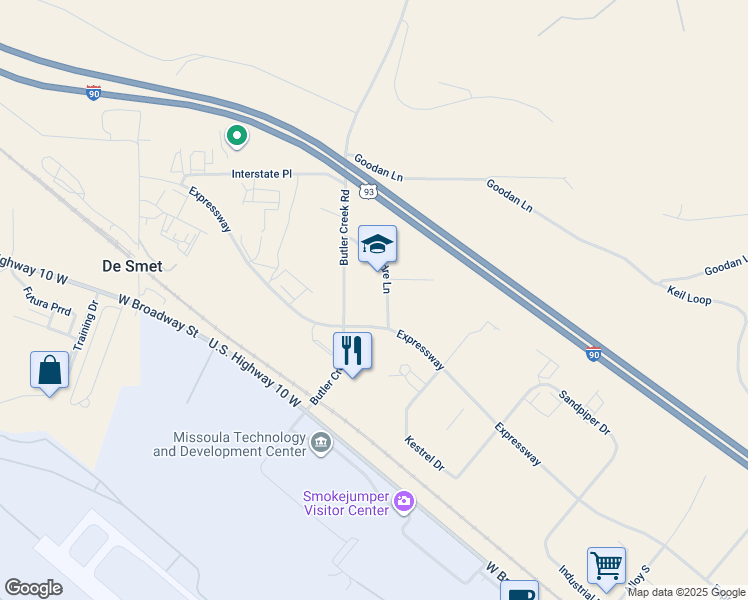 map of restaurants, bars, coffee shops, grocery stores, and more near 6602 Padre Lane in Missoula
