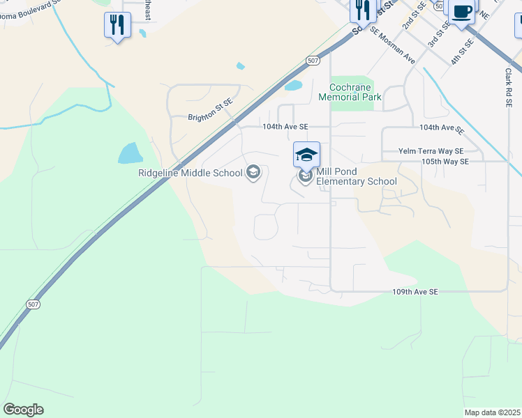 map of restaurants, bars, coffee shops, grocery stores, and more near 15330 107th Loop Southeast in Yelm