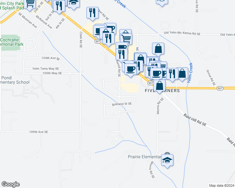 map of restaurants, bars, coffee shops, grocery stores, and more near 16234 Vancil Loop Southeast in Yelm
