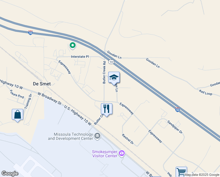 map of restaurants, bars, coffee shops, grocery stores, and more near 6355 Padre Lane in Missoula