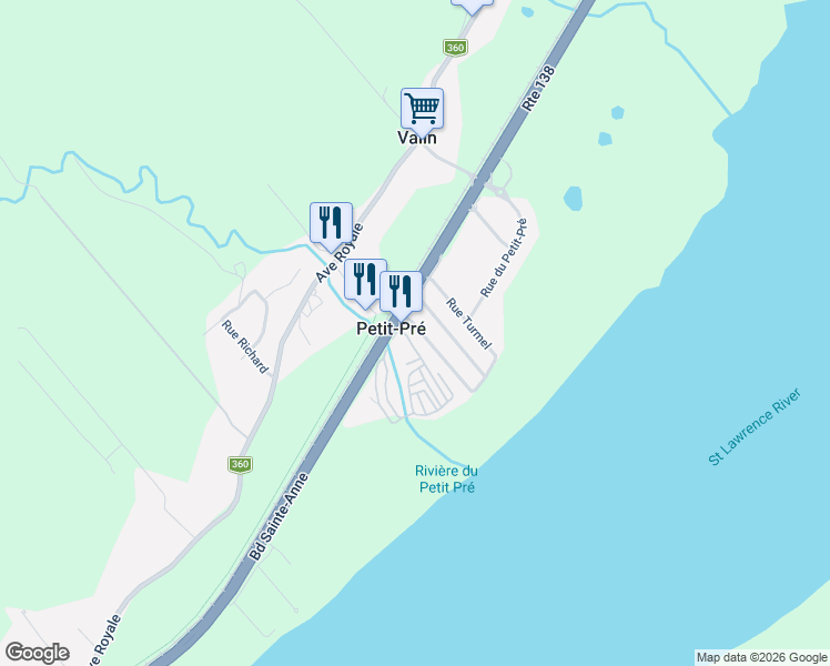map of restaurants, bars, coffee shops, grocery stores, and more near 7000 Boulevard Sainte-Anne in Château-Richer
