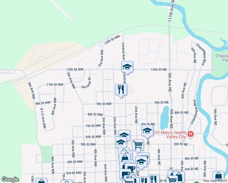 map of restaurants, bars, coffee shops, grocery stores, and more near 1001 2nd Avenue Northwest in Valley City