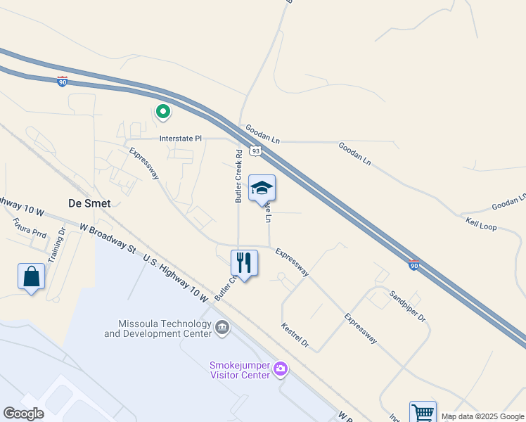 map of restaurants, bars, coffee shops, grocery stores, and more near 6602 Padre Lane in Missoula