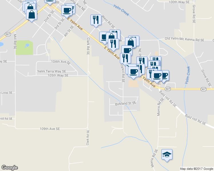 map of restaurants, bars, coffee shops, grocery stores, and more near 16113 Vancil Loop Southeast in Yelm