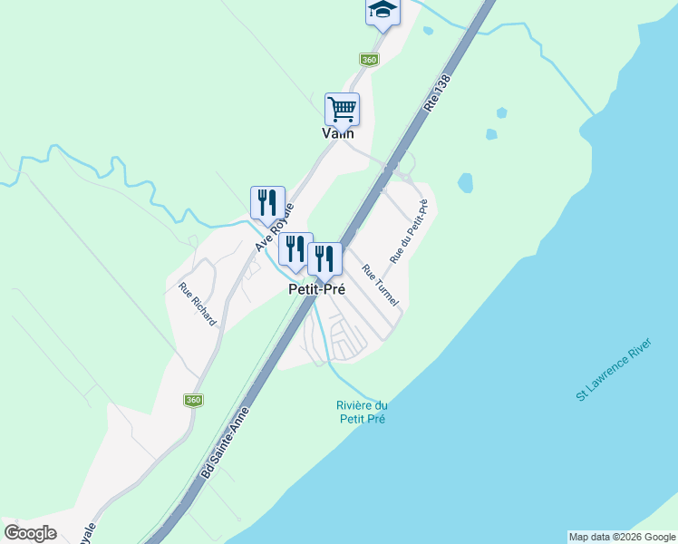 map of restaurants, bars, coffee shops, grocery stores, and more near 7002 Boulevard Sainte-Anne in Château-Richer