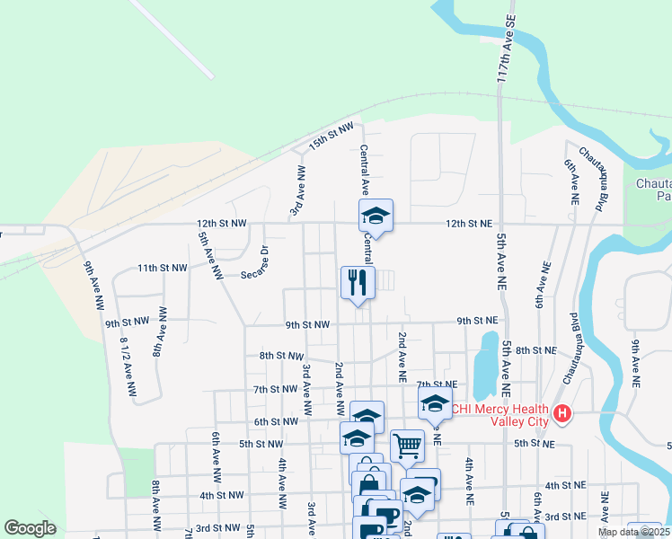 map of restaurants, bars, coffee shops, grocery stores, and more near 1001-1099 2nd Avenue Northwest in Valley City
