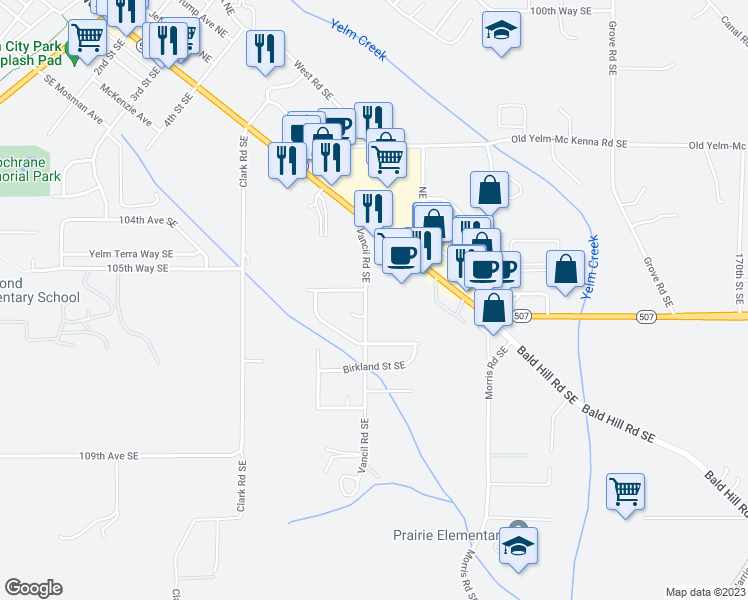 map of restaurants, bars, coffee shops, grocery stores, and more near 10704 Vancil Road Southeast in Yelm