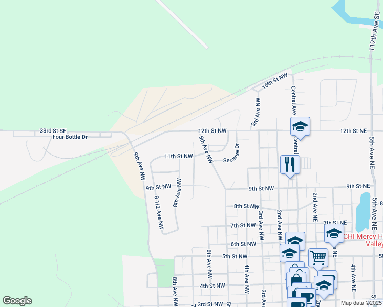 map of restaurants, bars, coffee shops, grocery stores, and more near 641 11th Street Northwest in Valley City