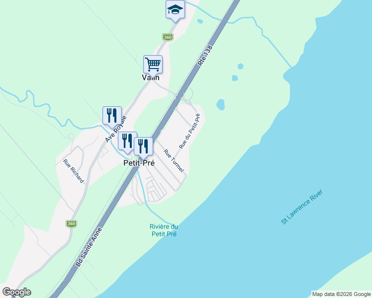 map of restaurants, bars, coffee shops, grocery stores, and more near 104 Rue du Petit-Pré in Château-Richer