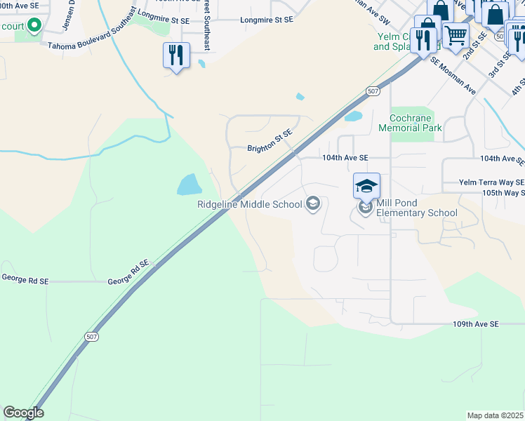 map of restaurants, bars, coffee shops, grocery stores, and more near 15111 Carter Loop Southeast in Yelm