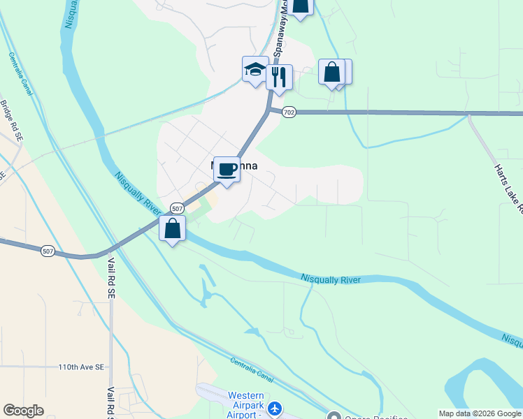 map of restaurants, bars, coffee shops, grocery stores, and more near 35620 92nd Avenue Court South in McKenna