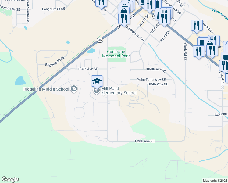 map of restaurants, bars, coffee shops, grocery stores, and more near 10548 Mill Road Southeast in Yelm