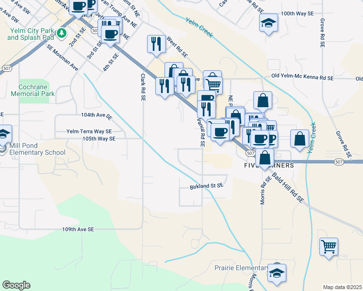 map of restaurants, bars, coffee shops, grocery stores, and more near 16113 Vancil Loop Southeast in Yelm