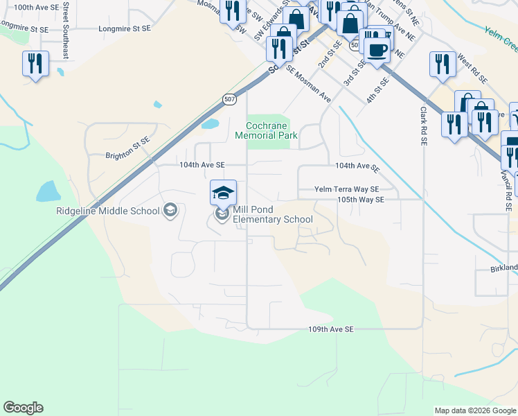 map of restaurants, bars, coffee shops, grocery stores, and more near 10548 Mill Road Southeast in Yelm
