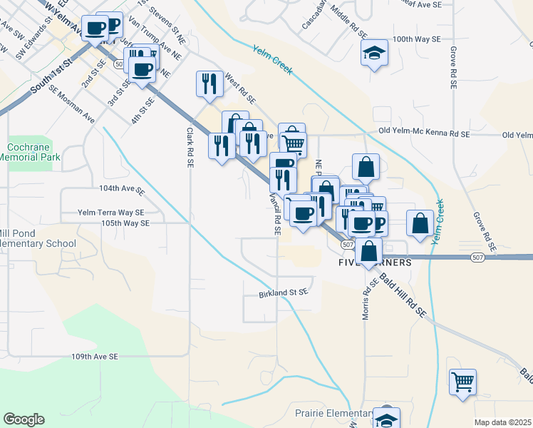 map of restaurants, bars, coffee shops, grocery stores, and more near 10619 Vancil Road Southeast in Yelm