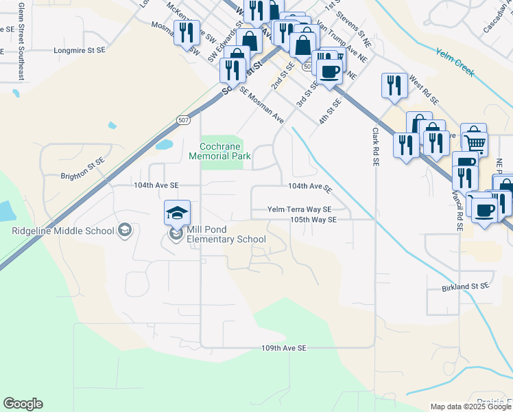 map of restaurants, bars, coffee shops, grocery stores, and more near 10510 Yelm Terra Way Southeast in Yelm