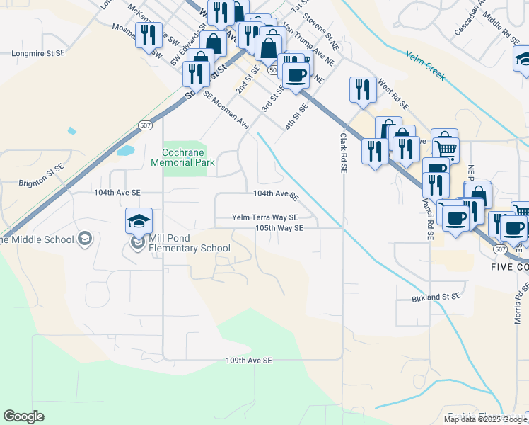 map of restaurants, bars, coffee shops, grocery stores, and more near 15776 Yelm Terra Way Southeast in Yelm