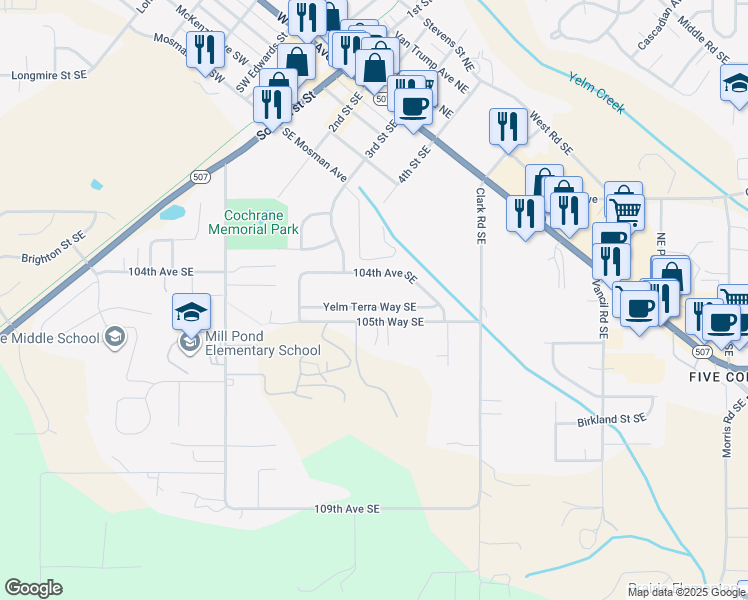 map of restaurants, bars, coffee shops, grocery stores, and more near 15776 Yelm Terra Way Southeast in Yelm