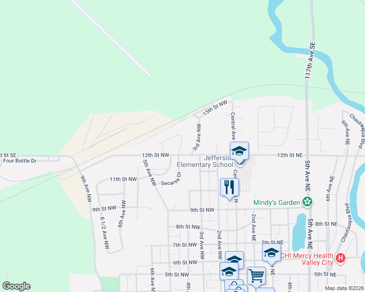 map of restaurants, bars, coffee shops, grocery stores, and more near 378-430 12th Street Northwest in Valley City