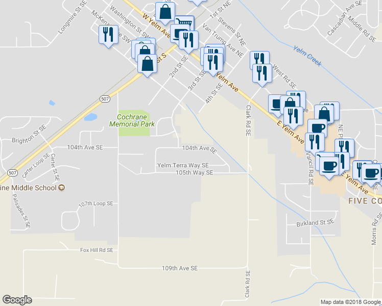 map of restaurants, bars, coffee shops, grocery stores, and more near 15773 104th Avenue Southeast in Yelm