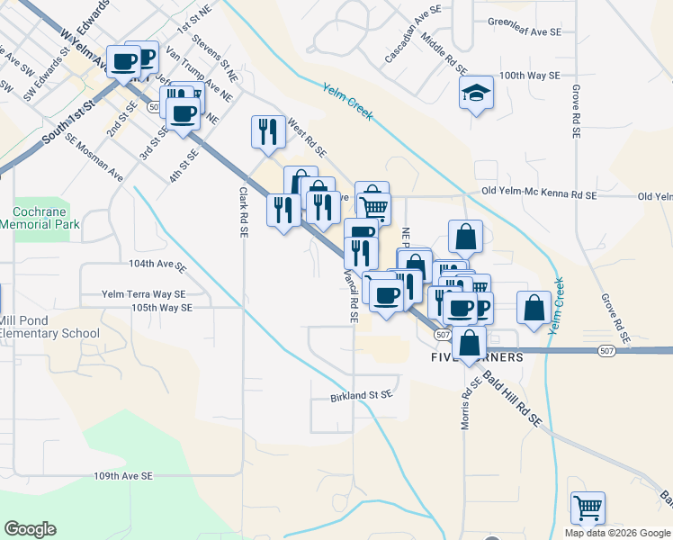 map of restaurants, bars, coffee shops, grocery stores, and more near 909 East Yelm Avenue in Yelm